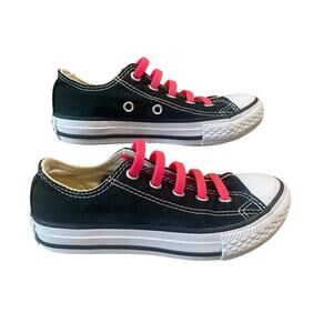 Converse Youth 11.5 Black Low Top Sneakers w/ 'No Tie' Pink Rubber Laces
